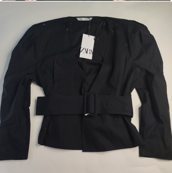 NWT* Zara Belted Puff Shoulder Poplin Wrap Blouse Black Top Shirt - Picture 9 of 12
